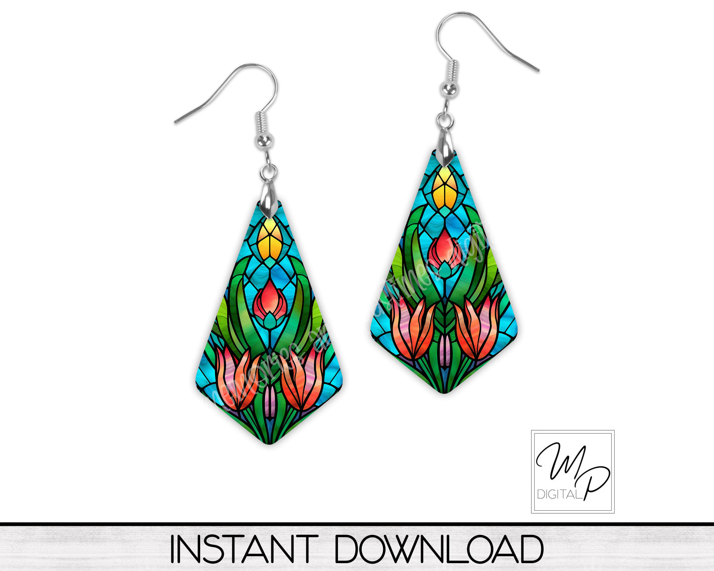 Spring Tulips Stained Glass Geometric Earring PNG Design for Sublimation, Digital Download