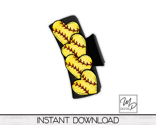 Softball Hearts Hair Clip PNG Sublimation Design, Digital Download
