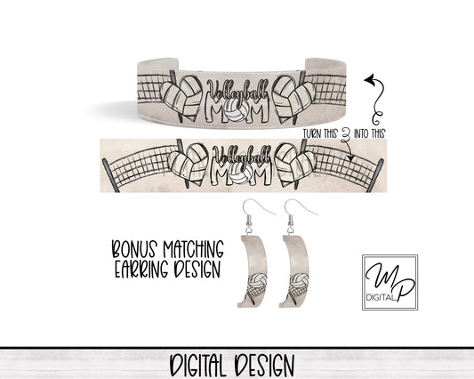 Volleyball Mom Acrylic Cuff Bracelet PNG Design for Sublimation, Bonus Earring Design, Digital Download