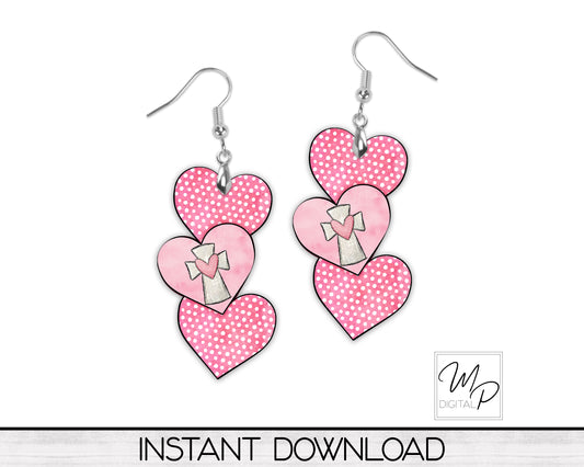 Cross Earring Trio Heart Earrings, Front Door Hanger PNG Design for Sublimation, Digital Download