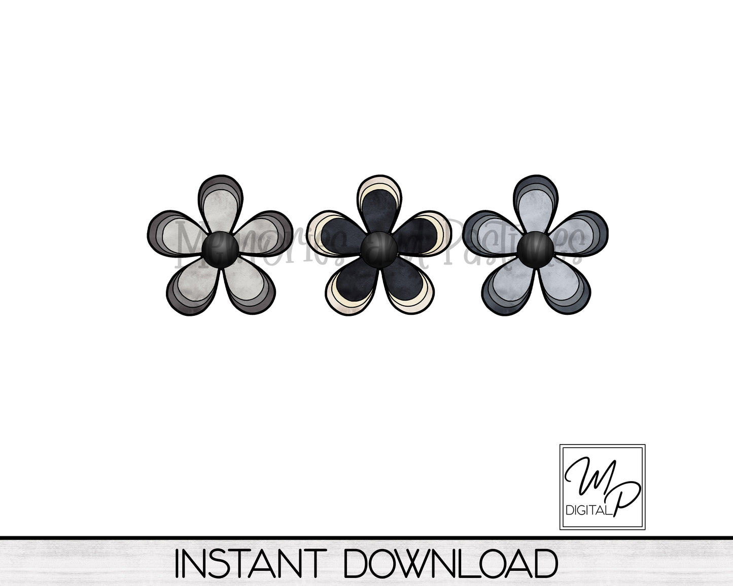 Black and Gray Daisy Flower PNG Design for Sublimation of Earrings Bundle, Digital Download