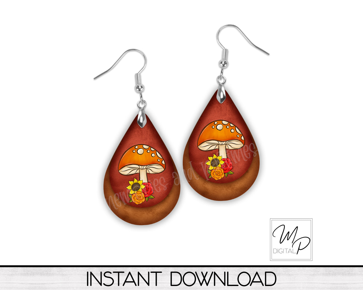 Fall Mushroom Upside Down Teardrop PNG Design for Sublimation of Earrings with Leather, Digital Download