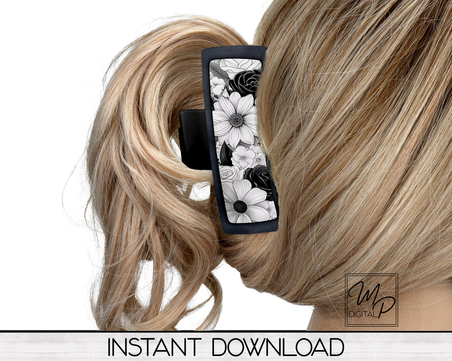 Black and White Floral Hair Clip PNG Sublimation Design, Digital Download