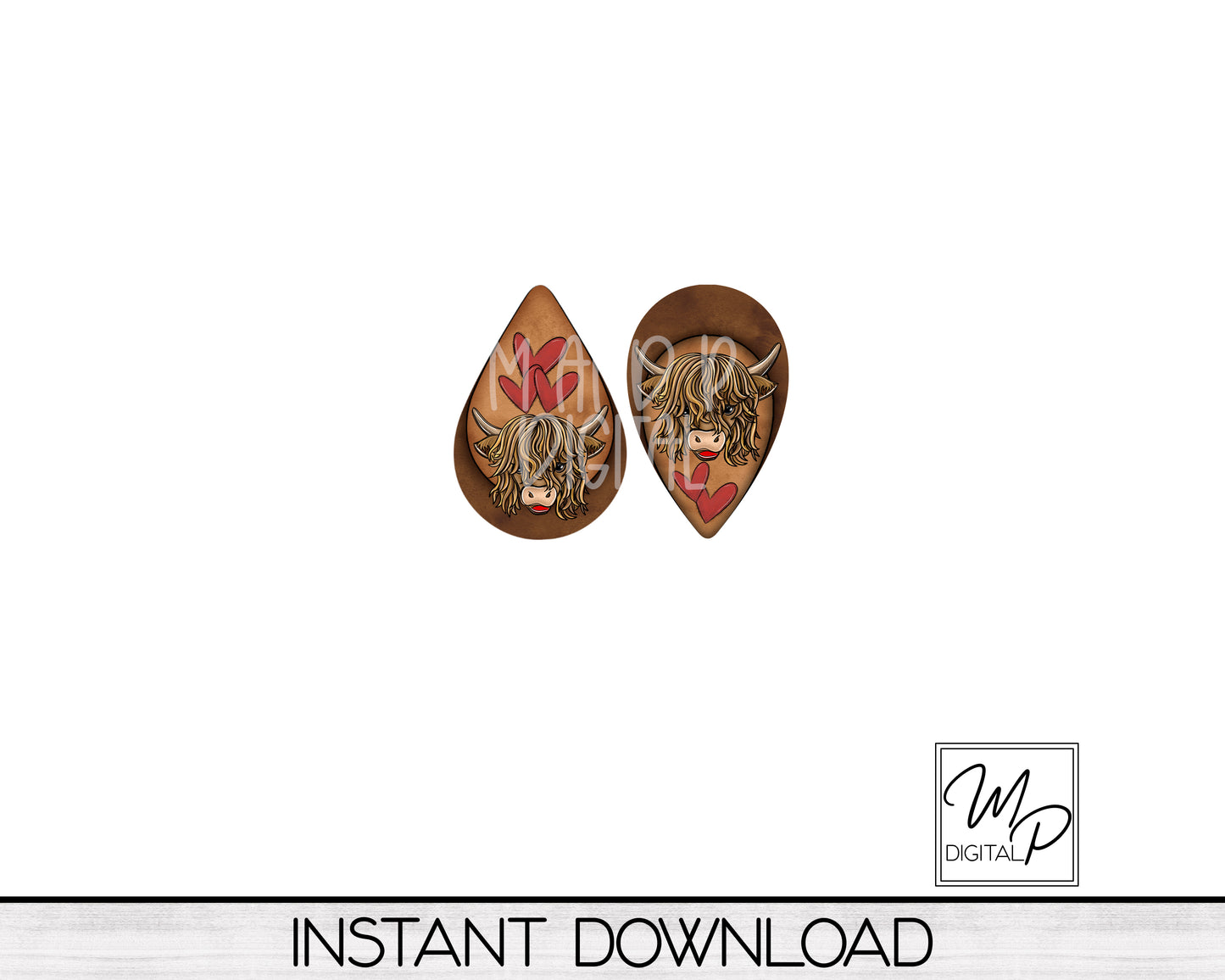 Highland Cow Upside Down Teardrop PNG Design for Sublimation of Earrings with Leather, Digital Download