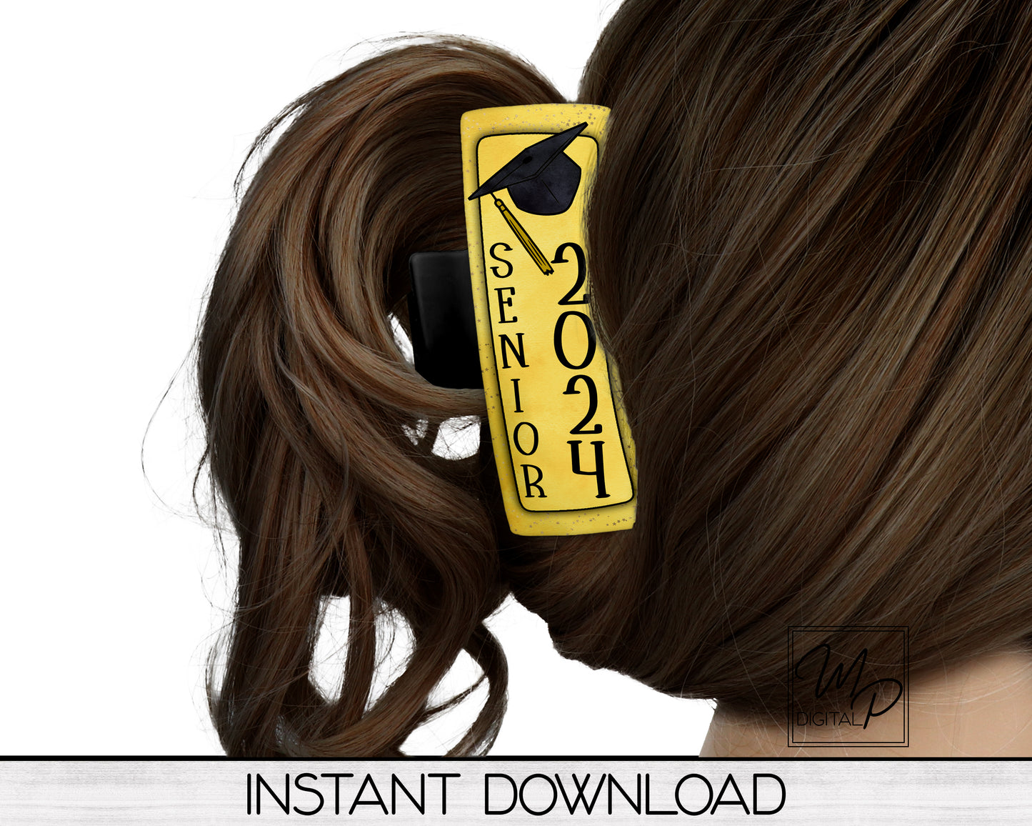 Yellow Senior 2024 Hair Clip PNG Sublimation Design, Digital Download