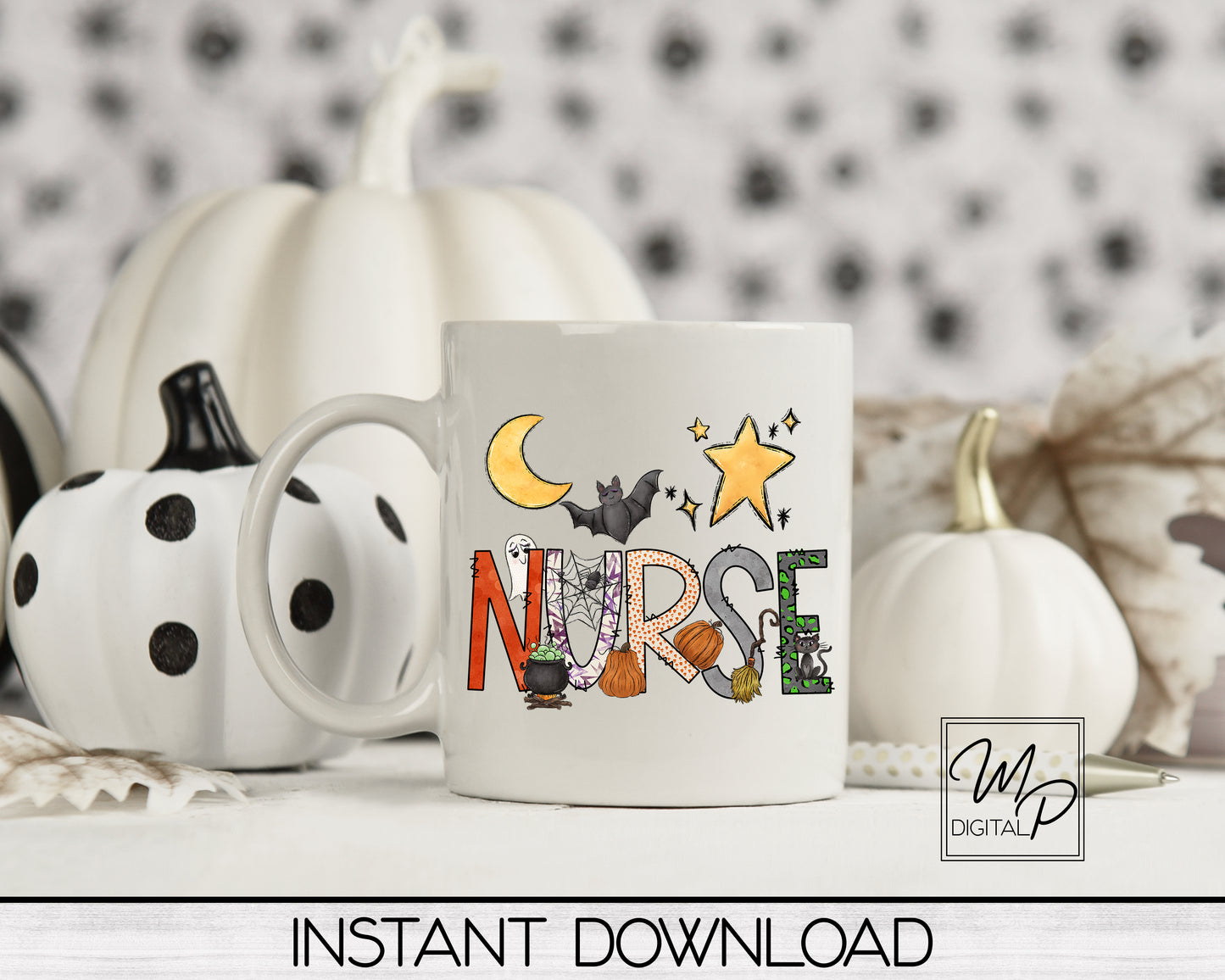 Halloween Nurse PNG Sublimation T-shirt and Crescent Moon Earring Design Bundle, Digital Download