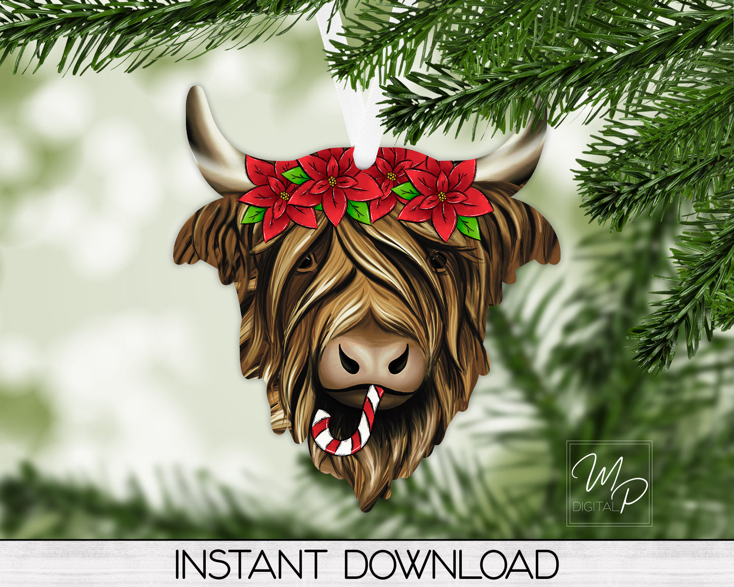 Christmas Highland Cow PNG Design for Sublimation, Digital Download