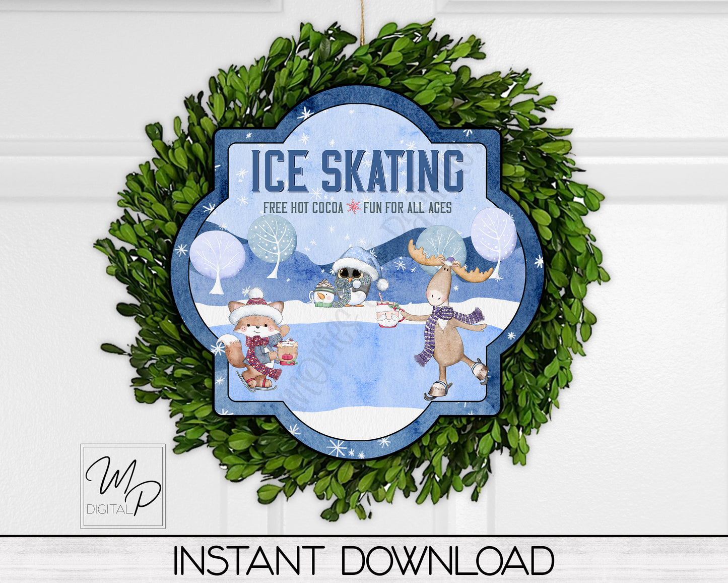 Christmas Ice Skating Quatrefoil Ornament / Sign PNG Design for Sublimation