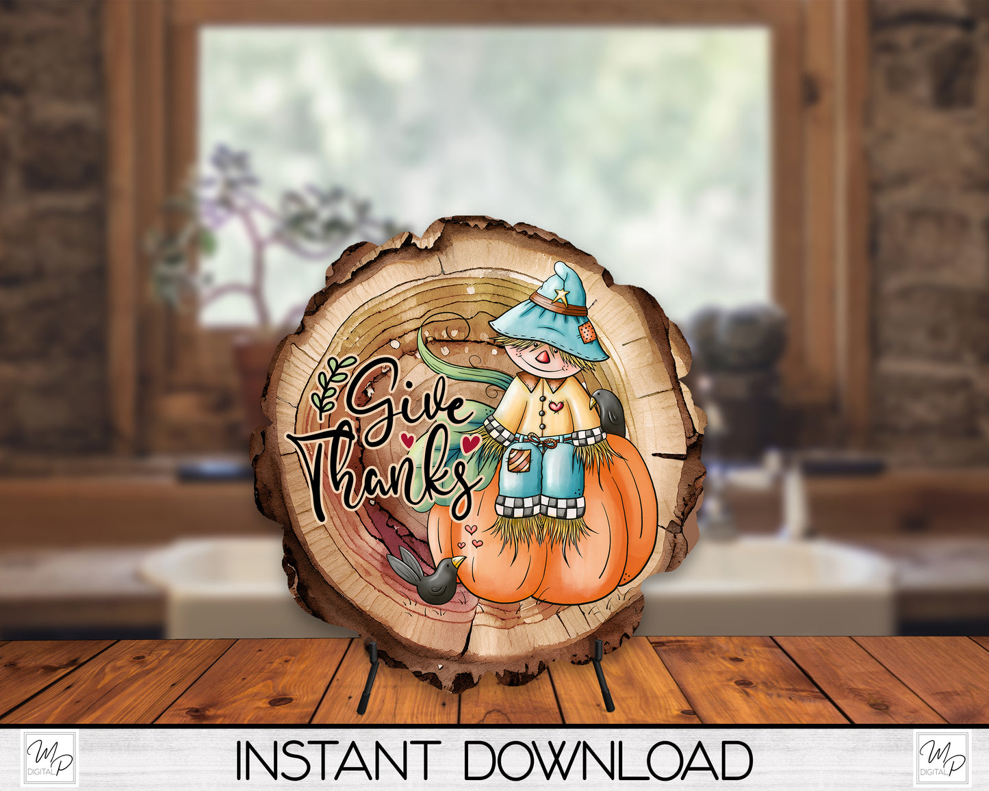 Fall Scarecrow Door Sign PNG, Wood Slice Digital Download for Sublimation