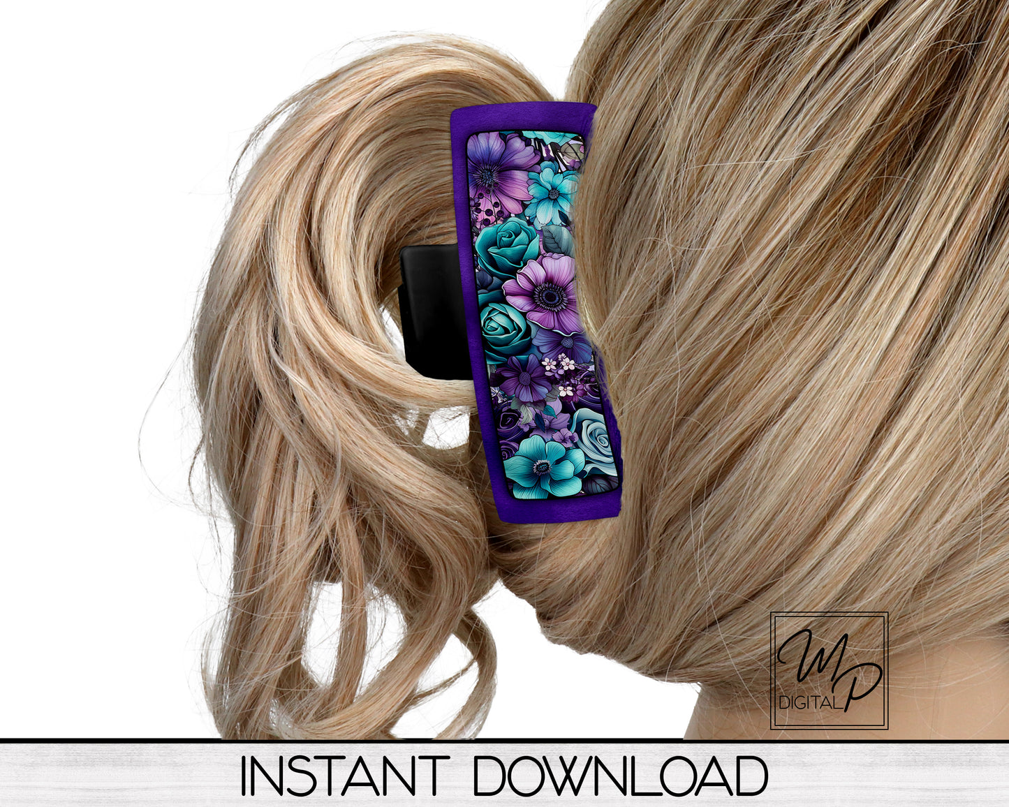 Teal and Purple Floral Hair Clip PNG Sublimation Design, Digital Download