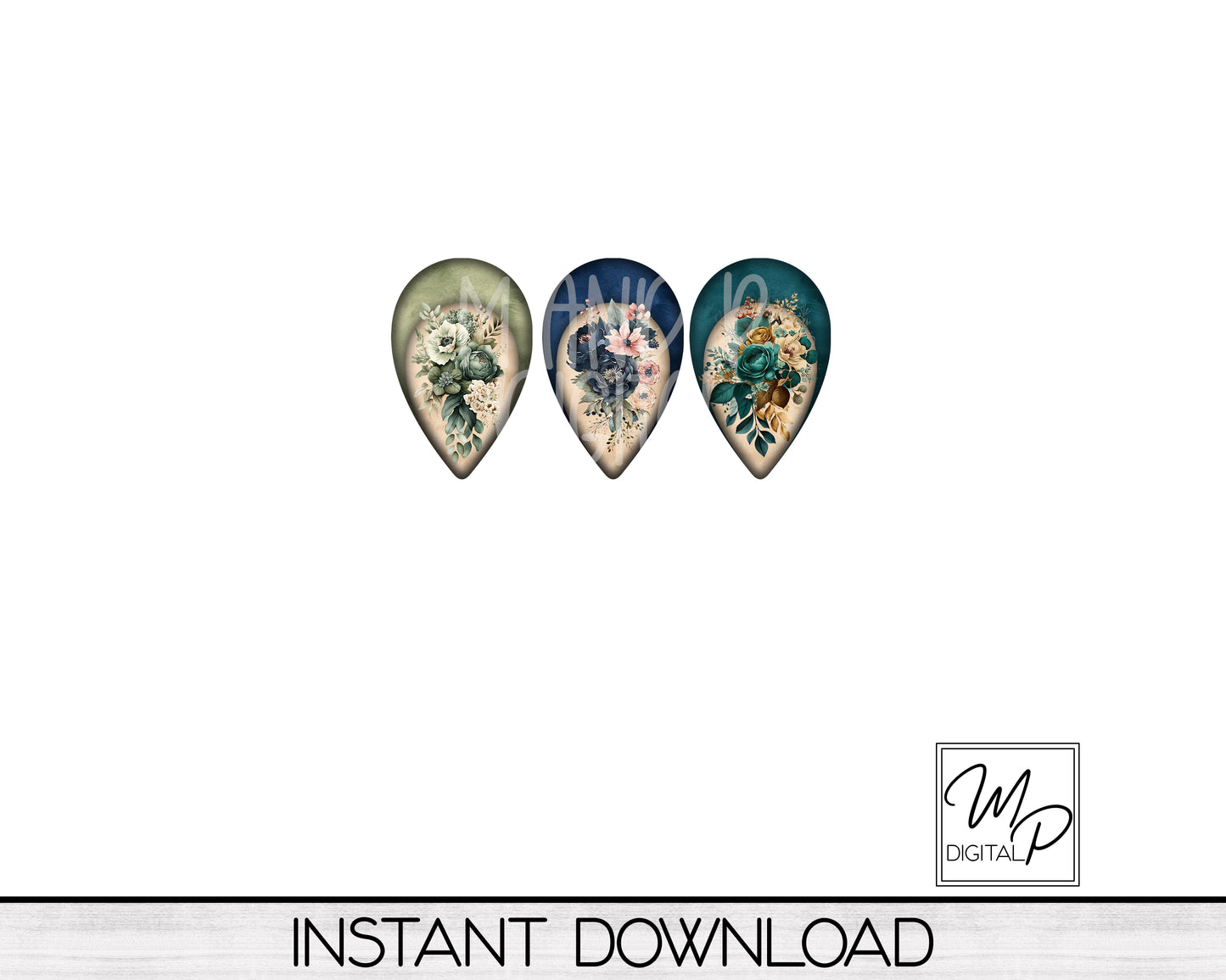 Teal, Blue and Sage Green Floral Upside Down Teardrop PNG Design BUNDLE for Sublimation of Earrings with Leather, Digital Download