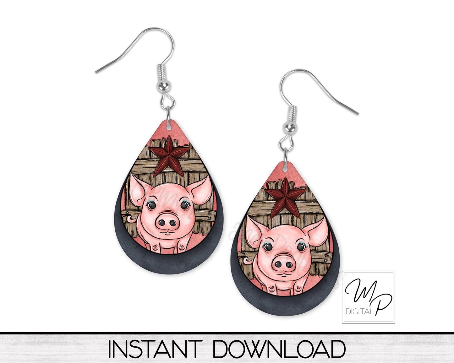Pig Upside Down Teardrop PNG Design for Sublimation of Earrings with Leather, Digital Download