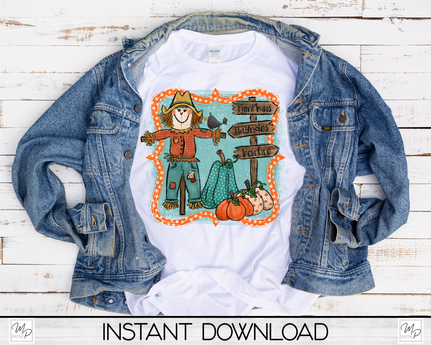 Fall Scarecrow Square Pillow Cover PNG Sublimation Design, Digital Download