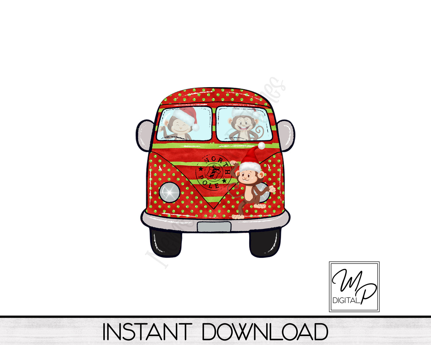 Christmas Monkeys Hippie Bus Door Hanger PNG Digital Download for Sublimation