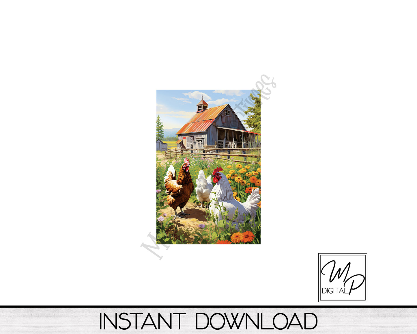 12x18 Garden Flag Sublimation Design, Barnyard Chickens, Patio Flag Digital Download