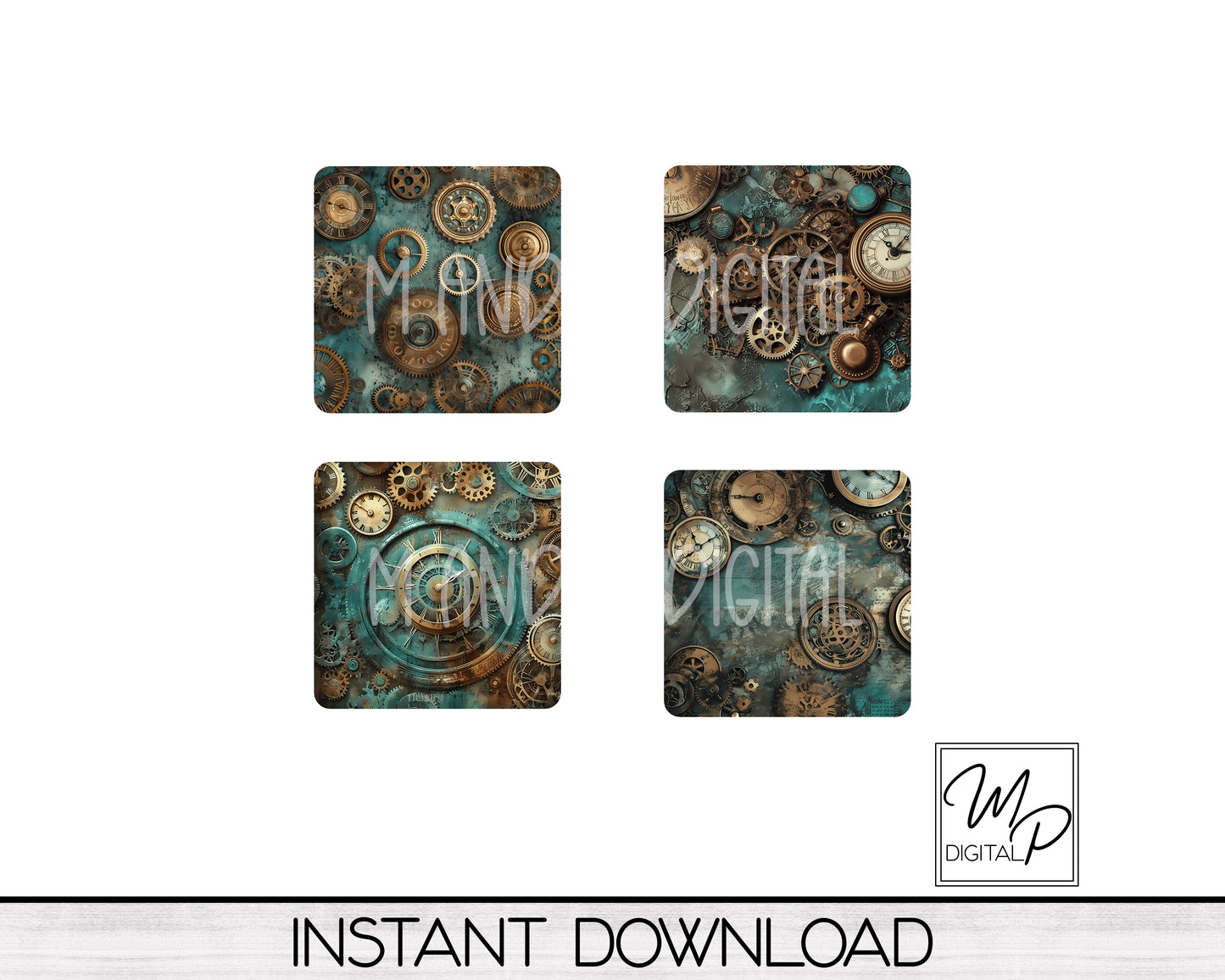 Set of Four Steampunk Coaster Sublimation PNG Designs For Sublimation of Square and Round Coasters, Digital Download