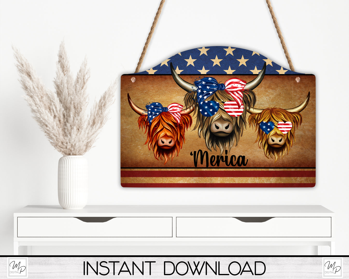 Patriotic Highland Cow Round Top Sign PNG Design for Sublimation, Digital Download