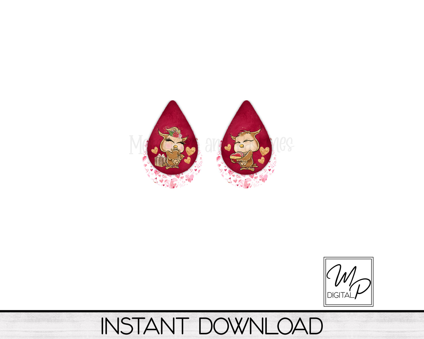 Valentine Owl Teardrop Earring Design for Sublimation, Digital Download