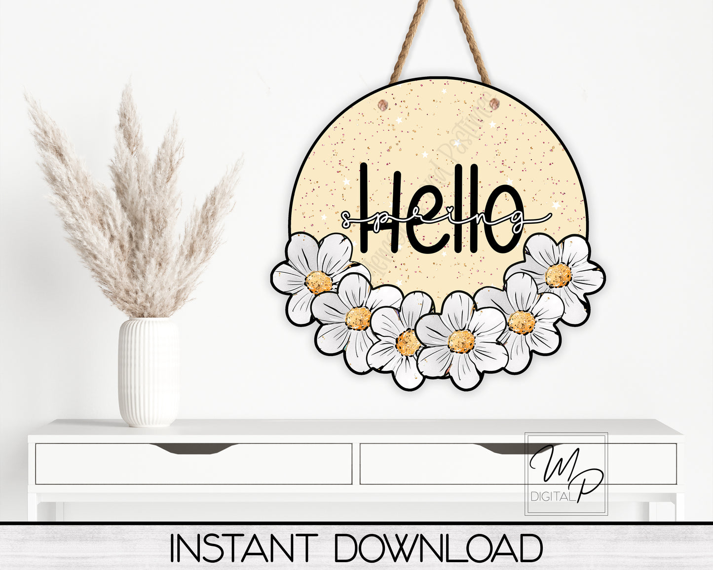 Hello Spring Floral Round PNG Design for Sublimation of Signs and Earrings, Digital Download