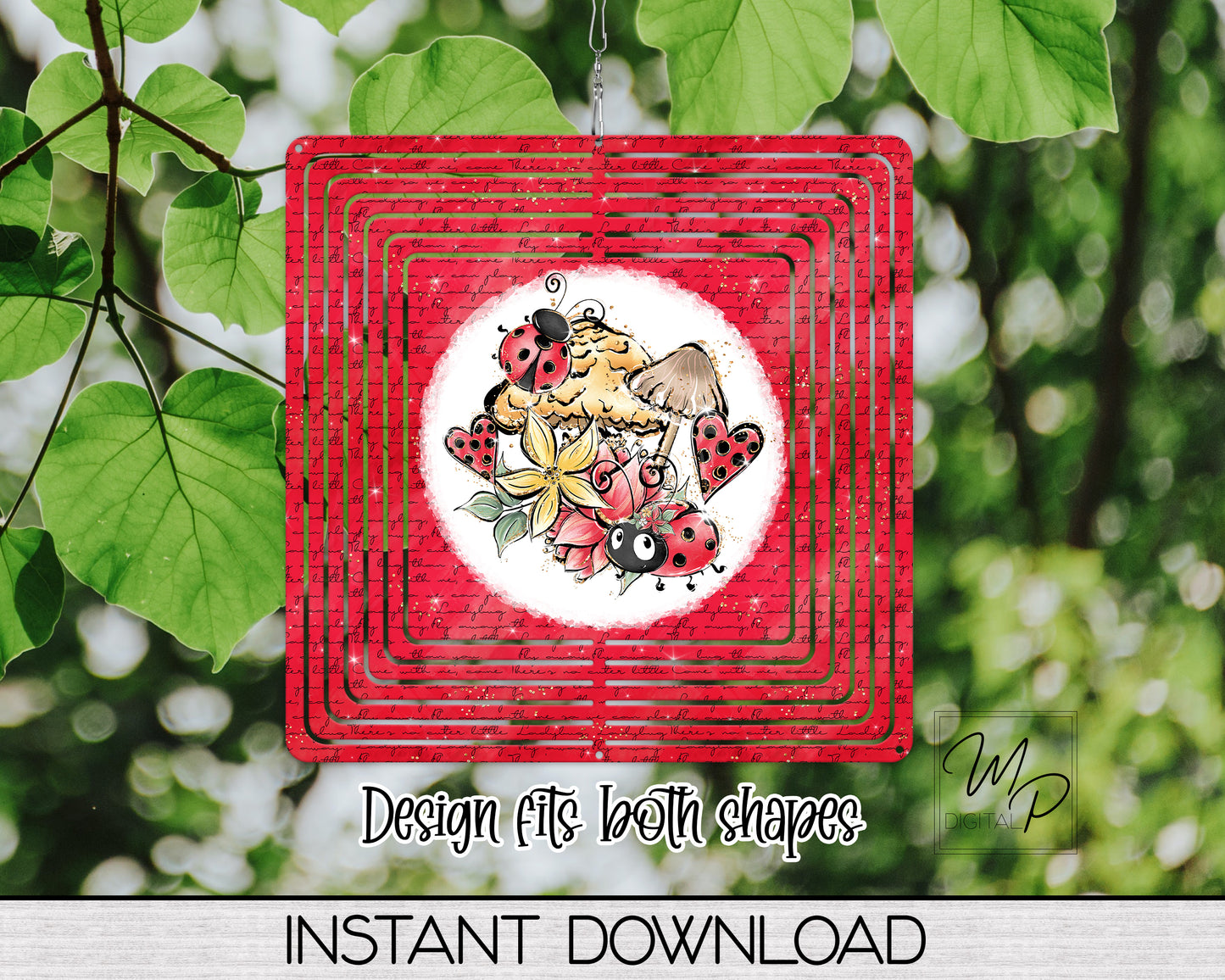 Ladybug and Mushrooms Wind Spinner PNG Digital Sublimation Design, Commercial Use