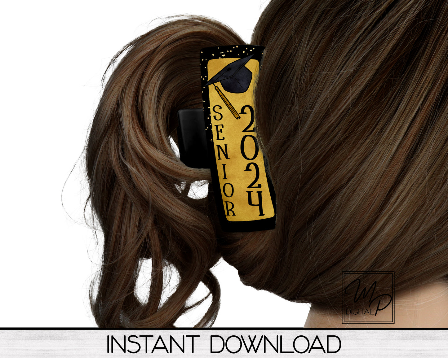 Gold and Black Senior 2024 Hair Clip PNG Sublimation Design, Digital Download