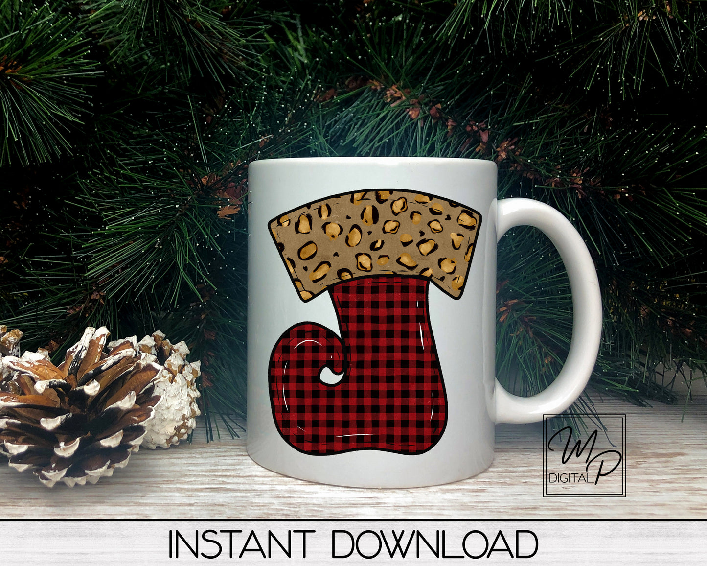 Leopard Print Reindeer Elf Stocking Christmas Ornament PNG Sublimation Design, Digital Download for Personal and Commercial Use