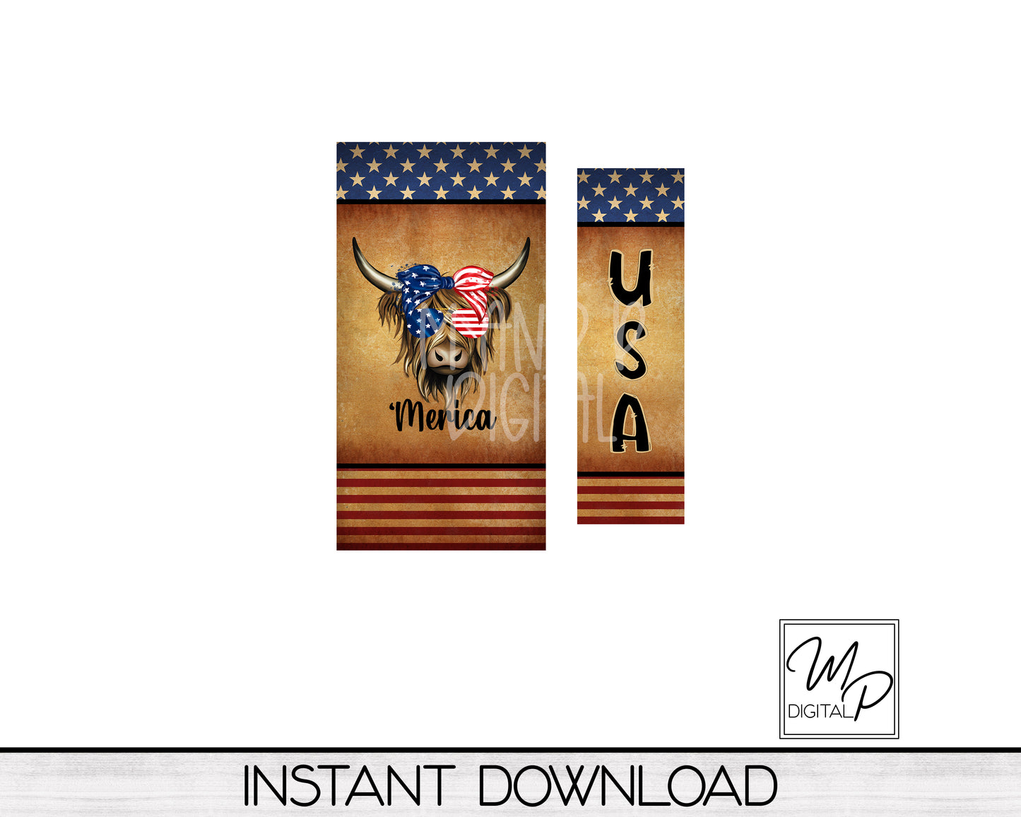 Patriotic July 4th Highland Cow PNG Sublimation Design for Interchangeable Standing Sign Post, Digital Download