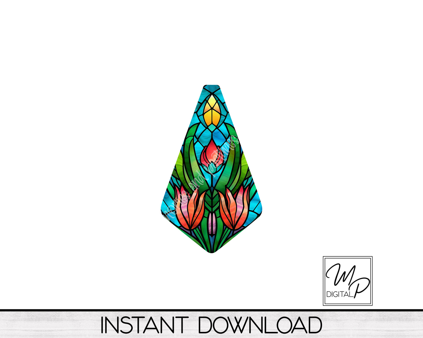 Spring Tulips Stained Glass Geometric Earring PNG Design for Sublimation, Digital Download