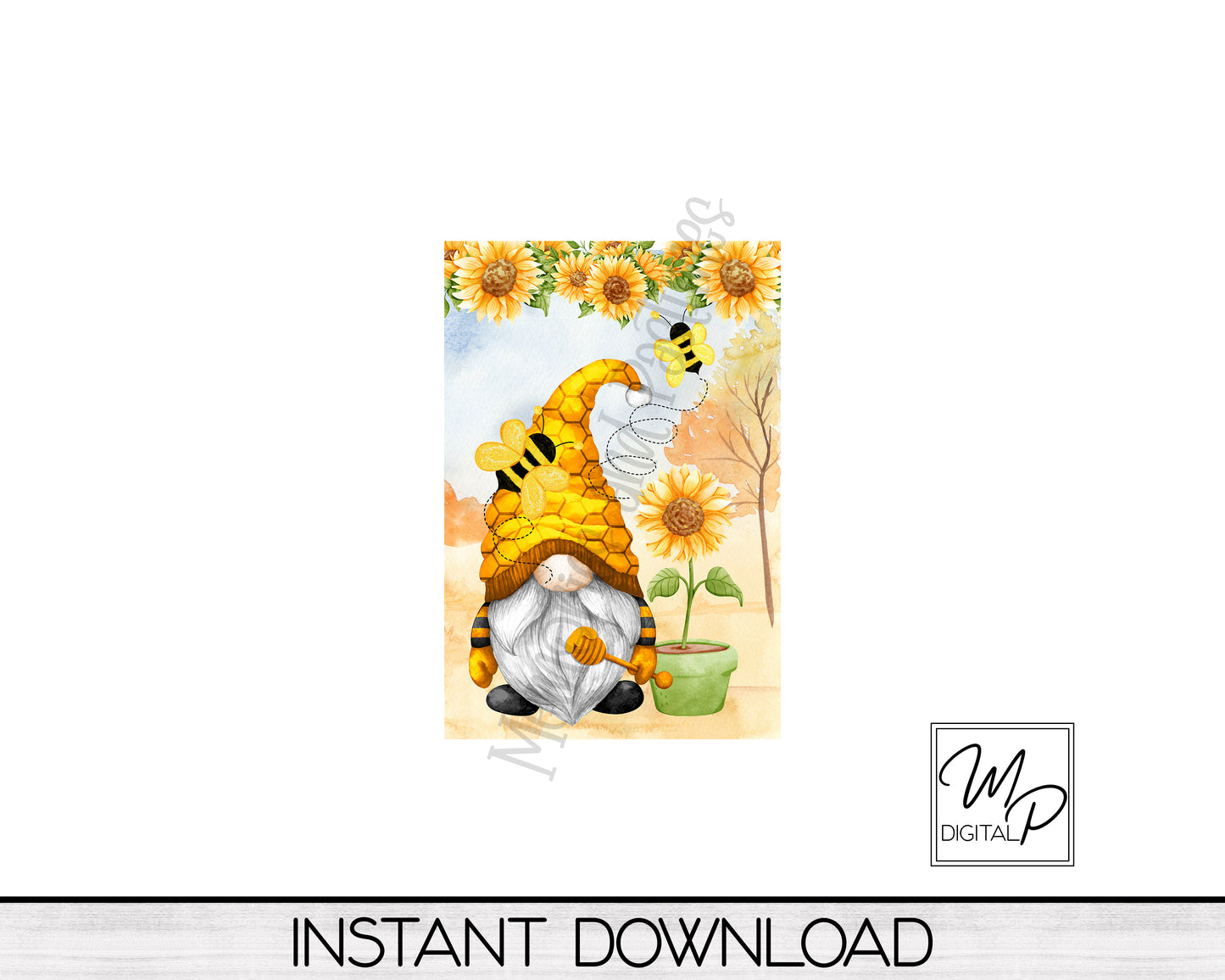 12x18 Garden Flag Sublimation Design, Fall Sunflower Bee Gnome Patio Flag Digital Download