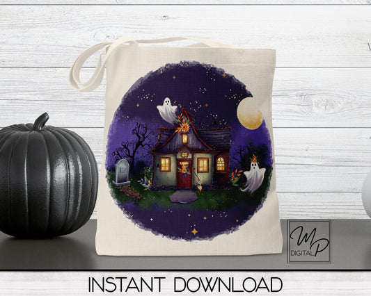 Halloween Sublimation Design PNG Digital Download - Haunted House Tote Mug Tshirt Tea Towel Sublimation - Commercial Use