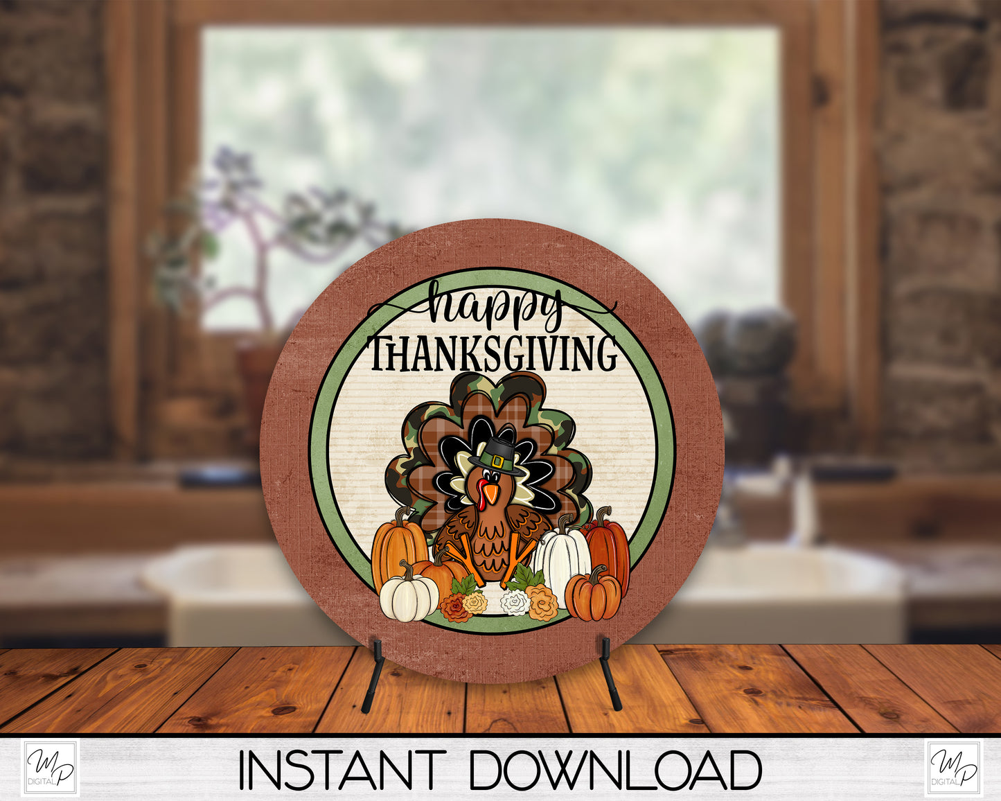Happy Thanksgiving Turkey Round Door Sign PNG, Digital Download for Sublimation