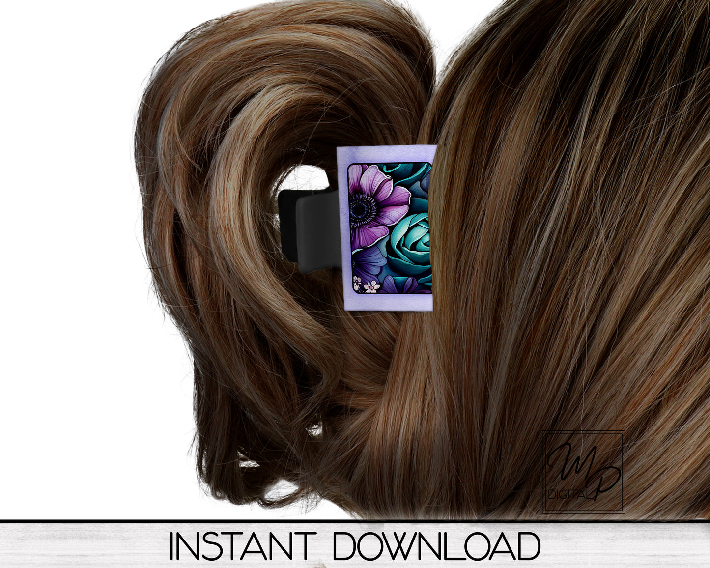 Teal and Purple Floral Hair Clip PNG Sublimation Design, Digital Download