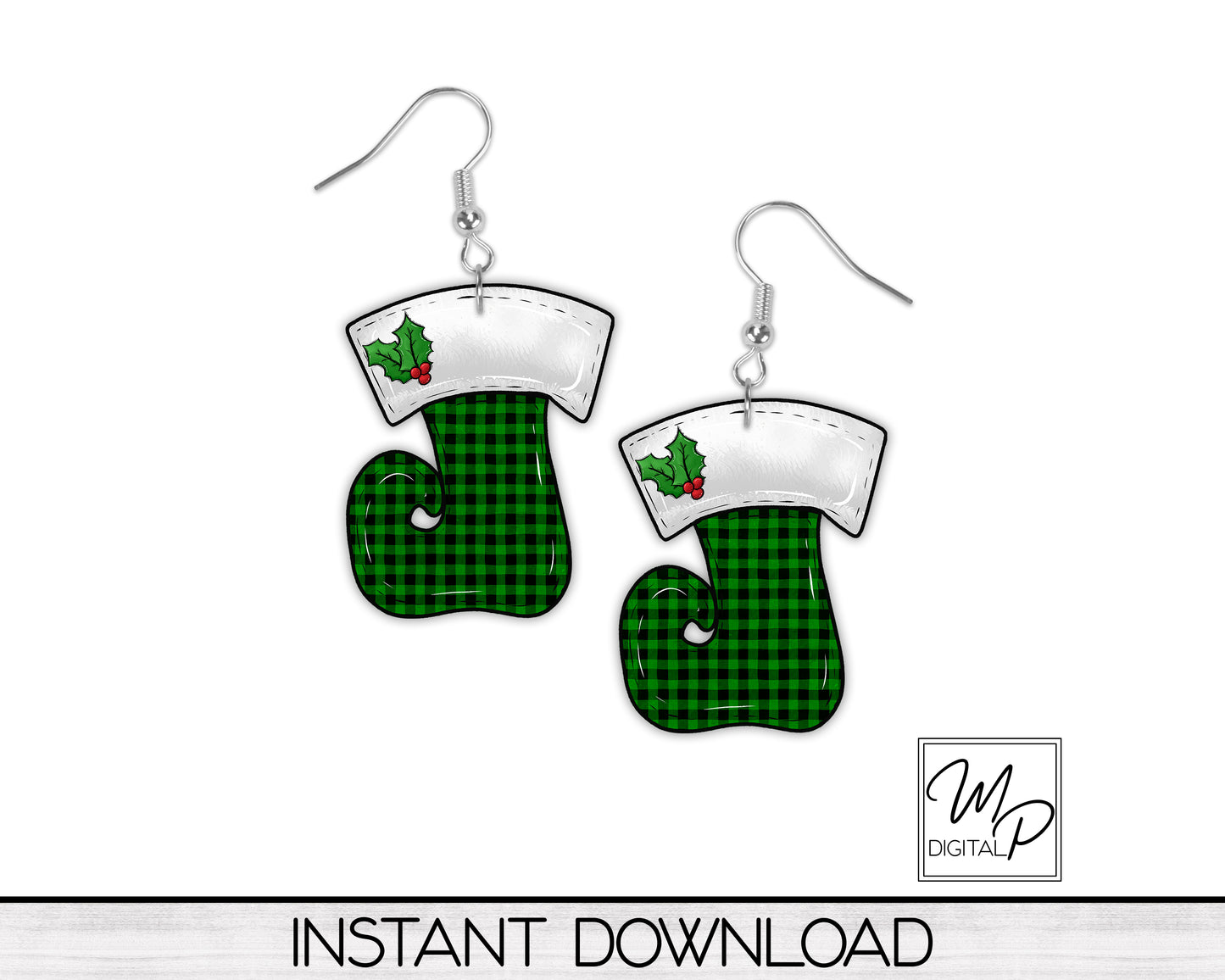 Green Buffalo Plaid Elf Stocking Christmas Ornament PNG Sublimation Design, Digital Download for Personal and Commercial Use