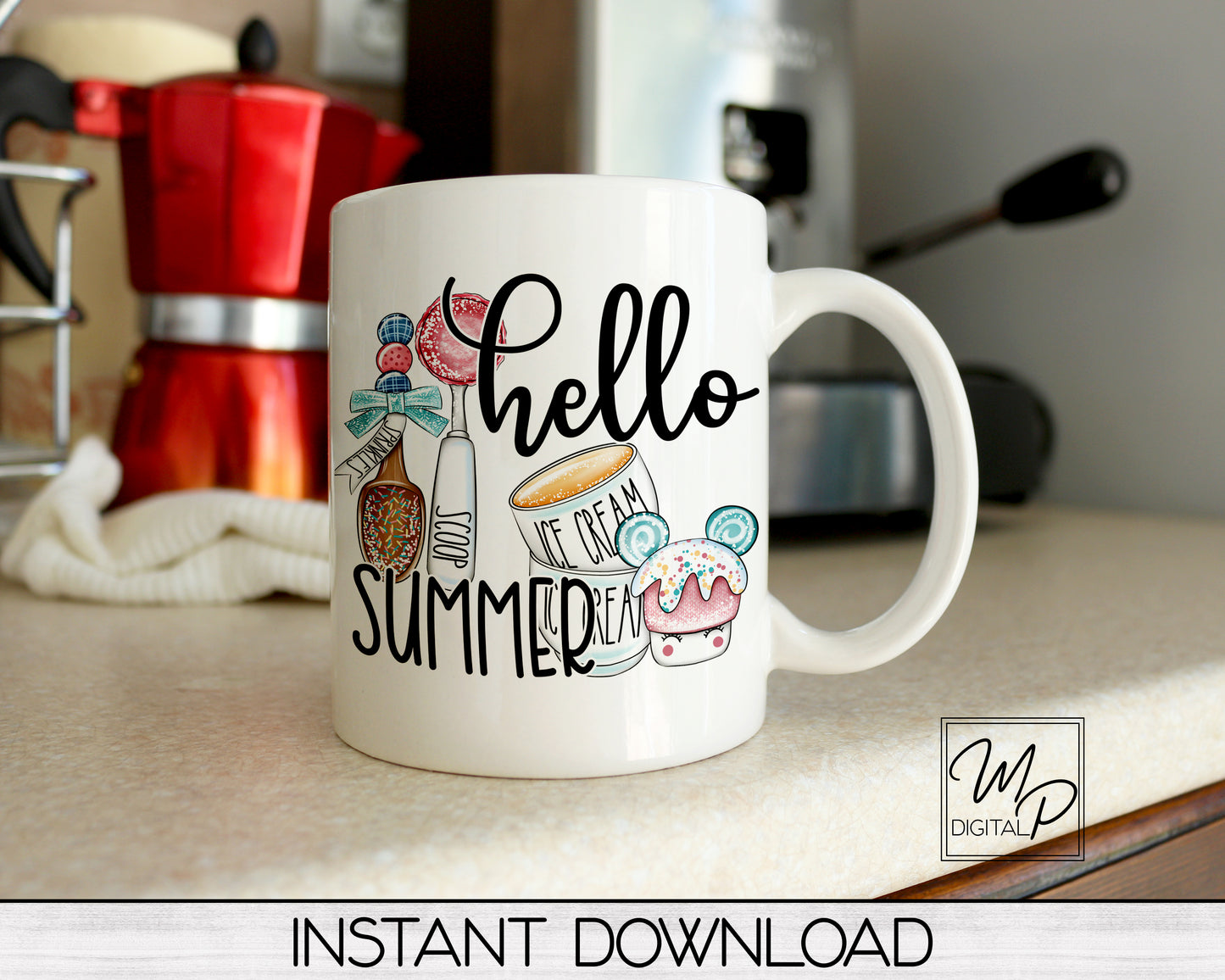 Ice Cream PNG Sublimation Design for Shirts and Mugs, Hello Summer