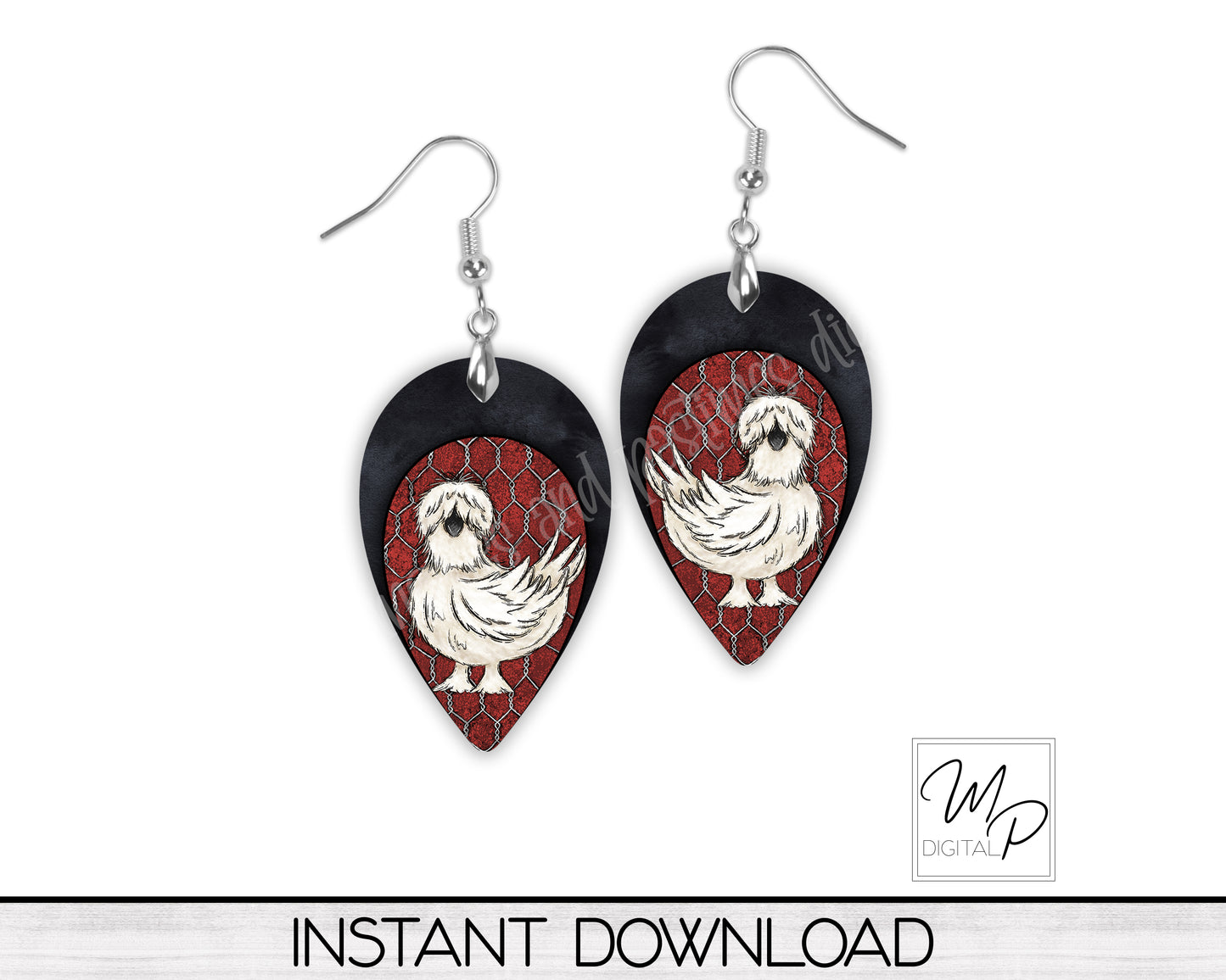 Chicken Upside Down Teardrop PNG Design for Sublimation of Earrings with Leather, Digital Download