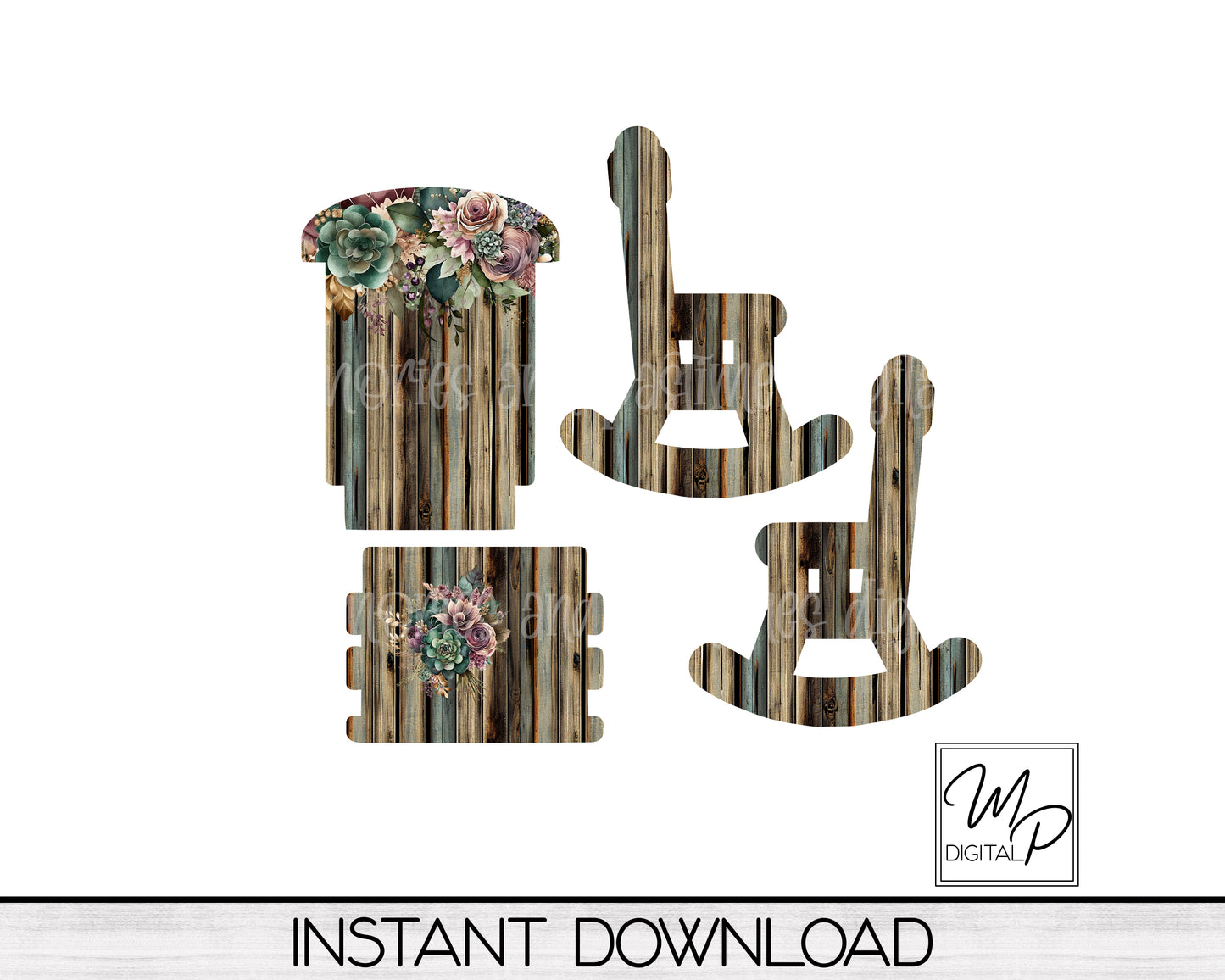 Teal and Rose Floral MDF Rocking Chair PNG Sublimation Design, Digital Download