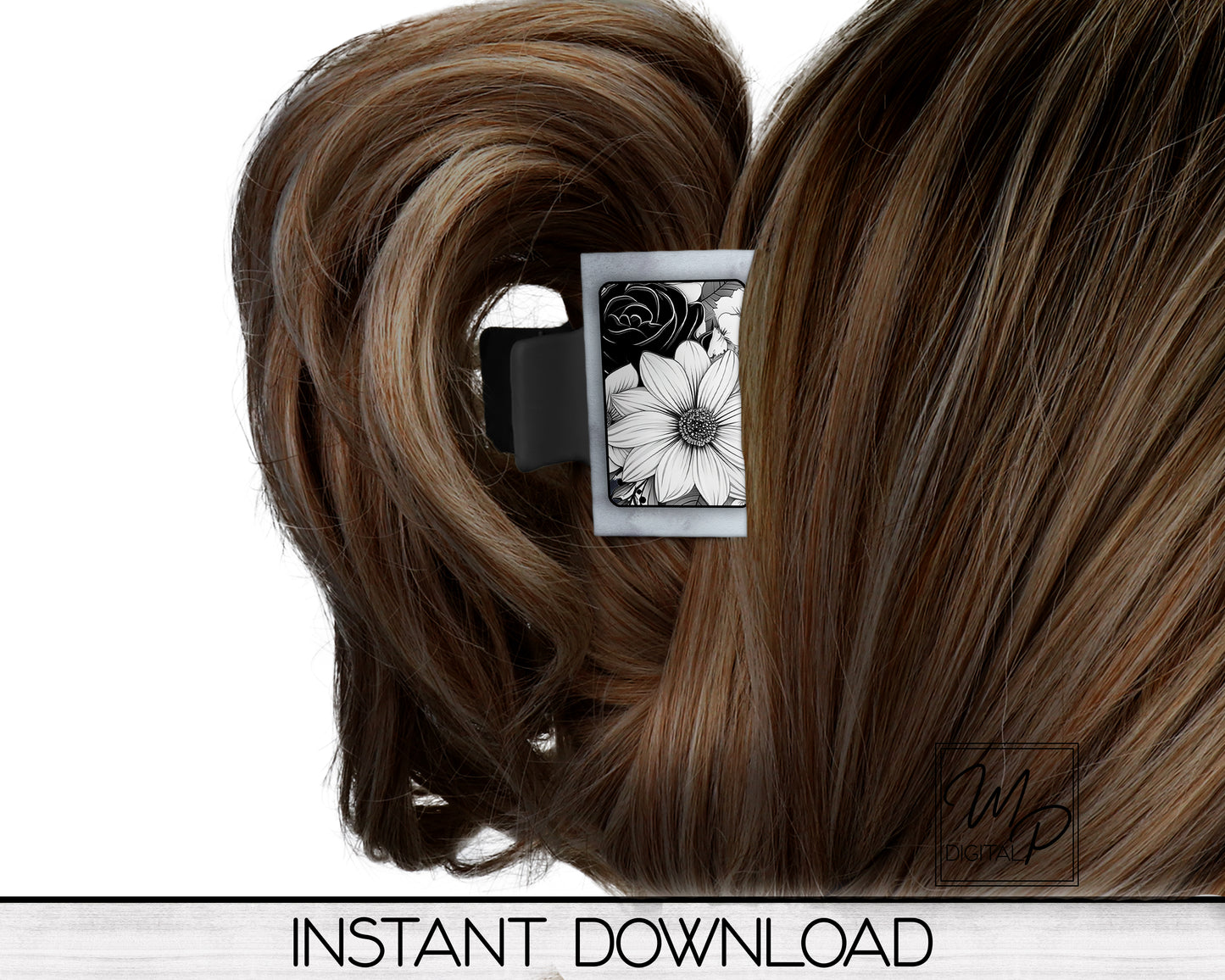 Black and White Floral Hair Clip PNG Sublimation Design, Digital Download