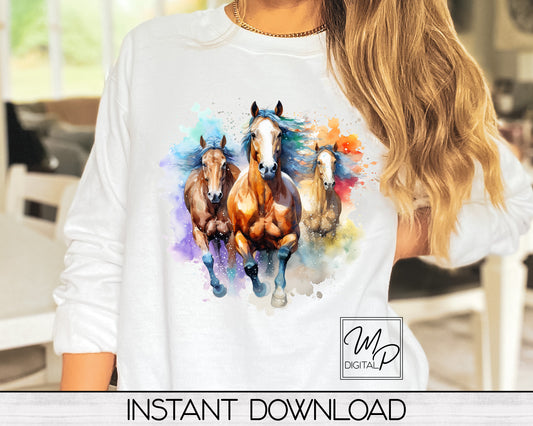 Watercolor Horses Sublimation Design PNG Digital Download - Tote Mug Tshirt Tea Towel Sublimation - Commercial Use