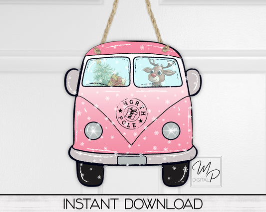 Pink Christmas Hippie Van Door Hanger PNG Digital Download for Sublimation