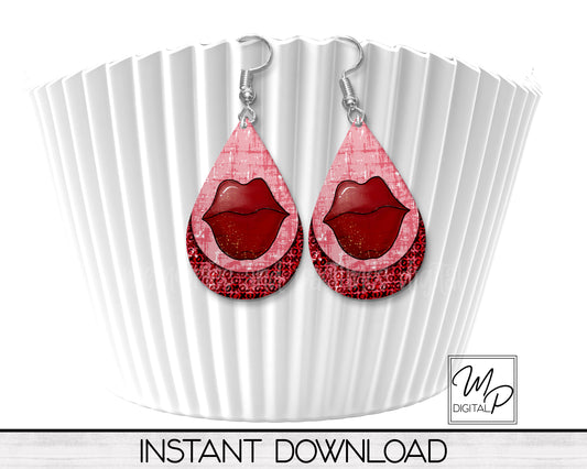 Valentines Day Lips Teardrop Earring Design for Sublimation, Digital Download
