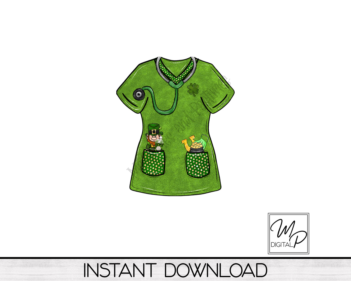 St. Patrick's Day Nurse Scrub Top PNG Design for Sublimation, Earrings, Keychain, Badge Reel, Digital Download