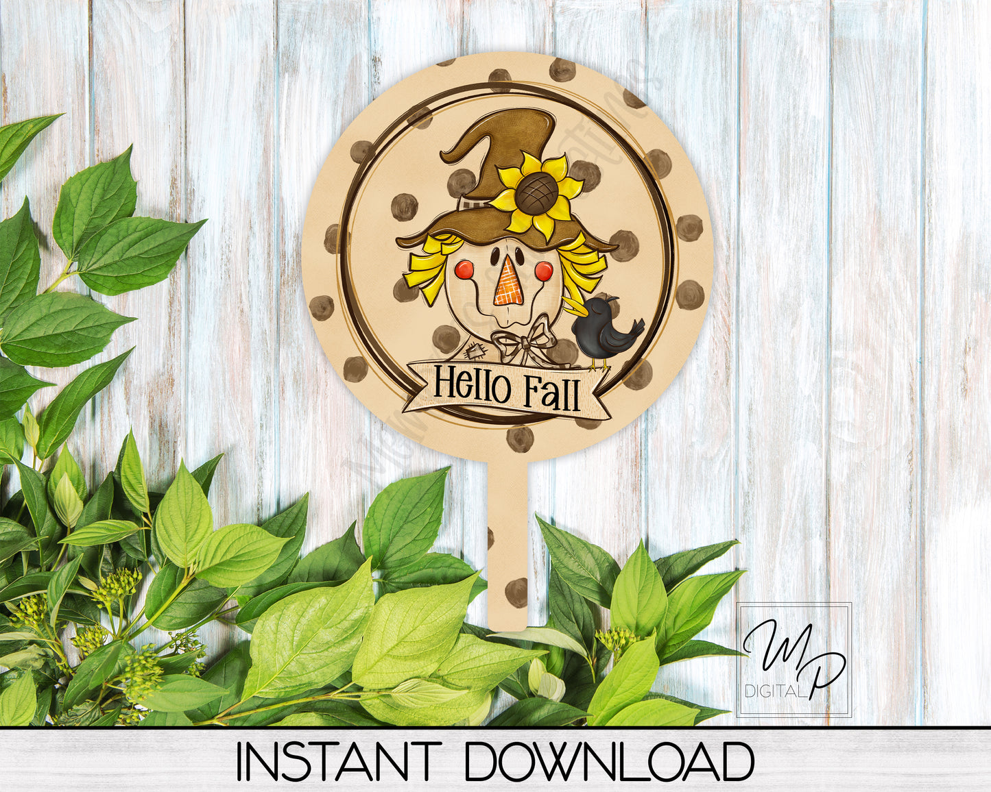 Hello Fall Scarecrow PNG Design for Sublimation of Round Cake Toppers, Digital Download