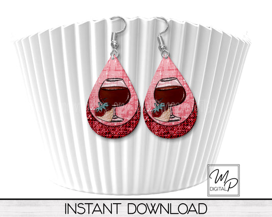 Valentines Day Wine Teardrop Earring Design for Sublimation, Digital Download