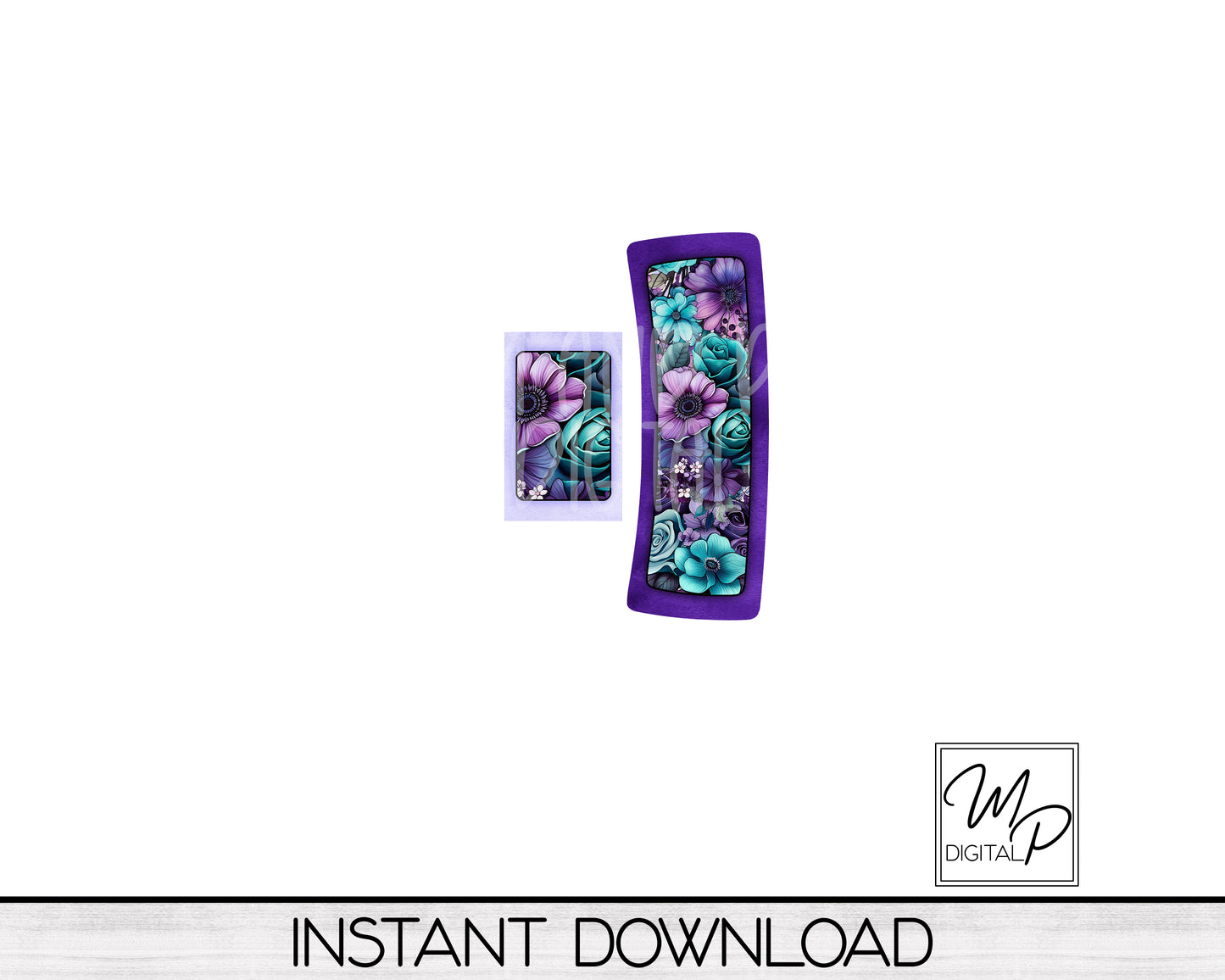 Teal and Purple Floral Hair Clip PNG Sublimation Design, Digital Download