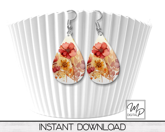Fall Floral Teardrop Earring Design for Sublimation, Digital Download