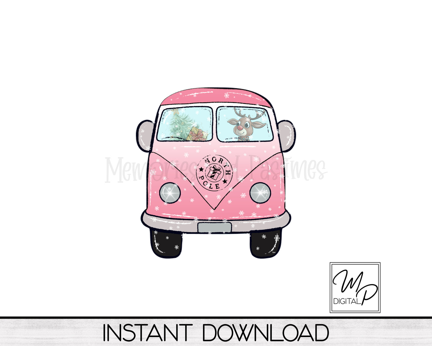 Pink Christmas Hippie Van Door Hanger PNG Digital Download for Sublimation