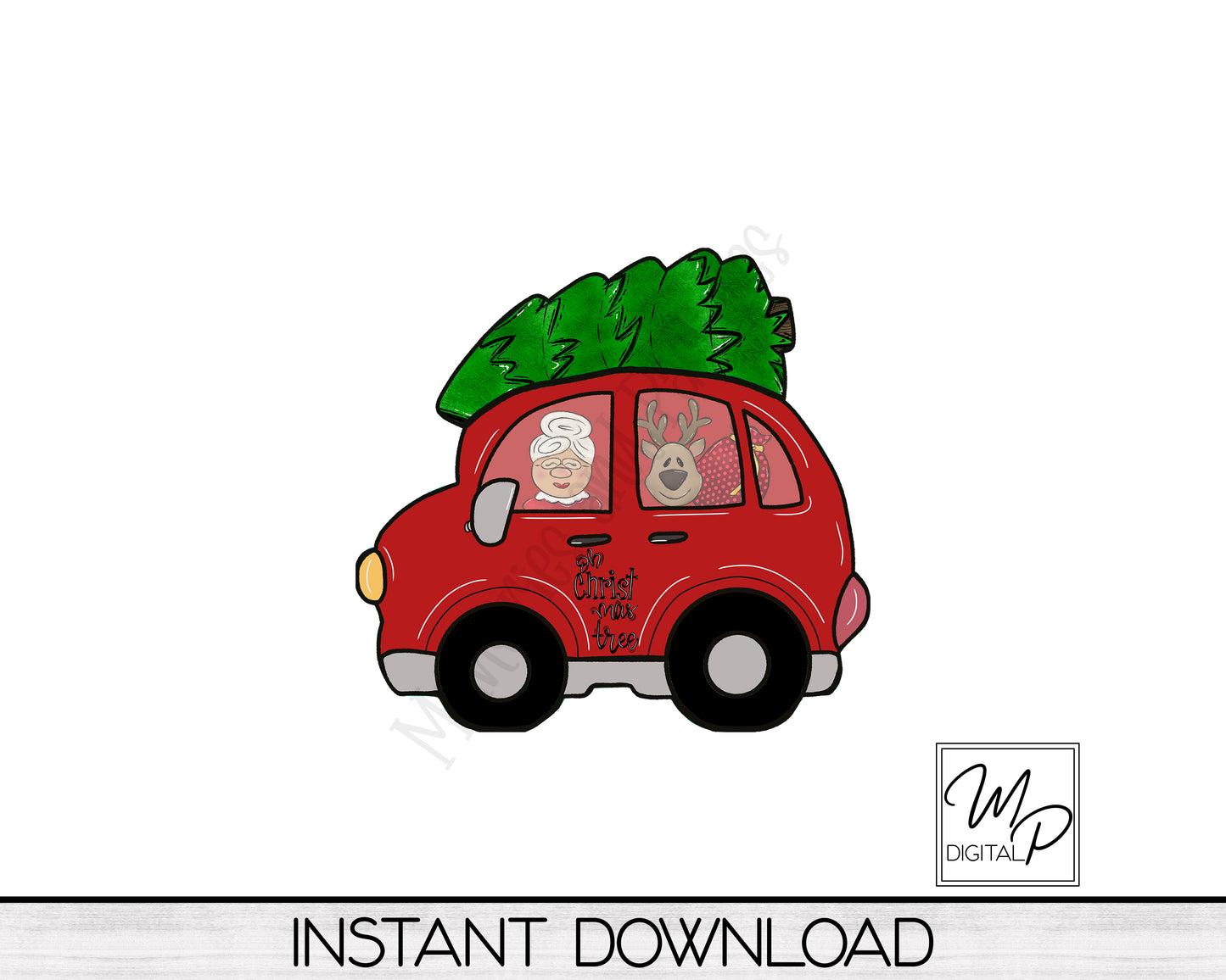 Whimsical Car with Christmas Tree Sublimation Design for Christmas Ornaments - Digital Download