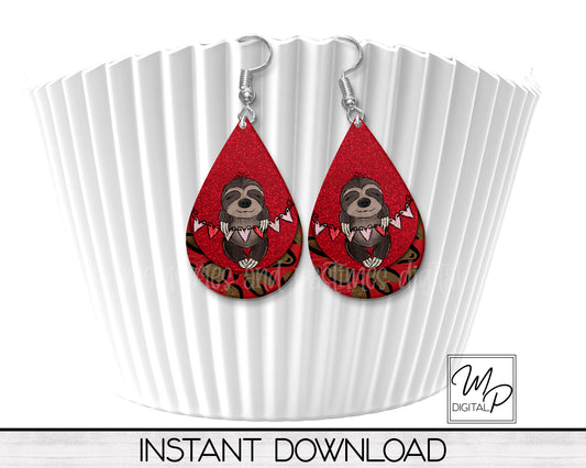 Valentines Day Sloth Teardrop Earring Design for Sublimation, Digital Download