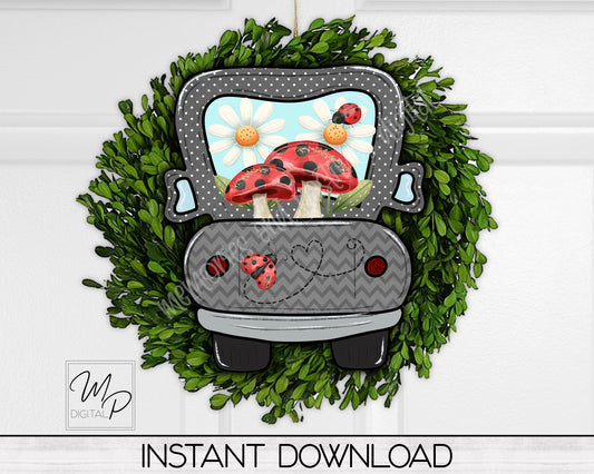 Ladybugs and Mushrooms Farmhouse Truck Sublimation PNG Design, Digital Download