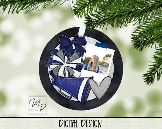 Royal Blue and Gray Cheerleader Round PNG Digital Download for Sublimation of Ornaments